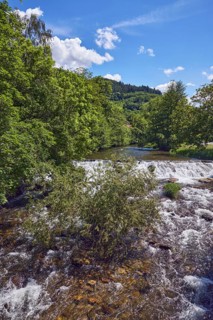 Wilde Gutach river, hills, hilly landscape, coniferous forest, trees, shrubs, wavy lively water