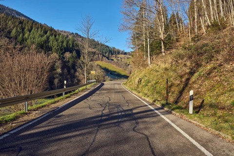 Landscape photography, hills, hilly landscape, road, coniferous forest, trees, meadow, guardrail,