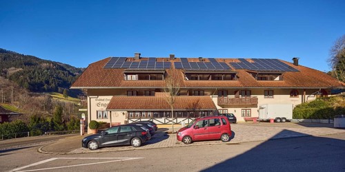 Gasthof Hotel Engel, Schwarzwaldhaus, house, building, parking lot with cars, street, hills, hilly