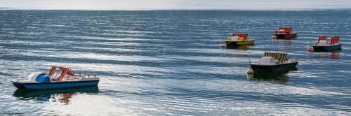 Colored paddleboats attached to buoys, Tegernsee, Upper Bavaria, Bavaria, Germany