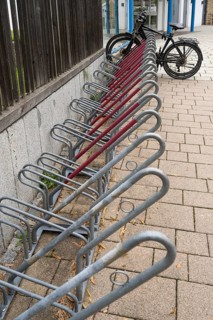 Several bike racks next to each other, bikes on bike racks, Bavaria, Germany
