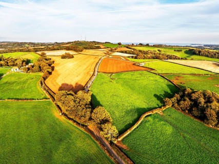 Colours of Devon Farms and Fields over Berry Pomeroy from a drone, Totnes, England, United Kingdom