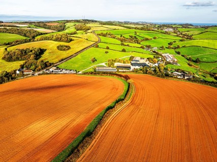 Colours of Devon Farms and Fields over Paignton and Berry Pomeroy from a drone, Totnes, England,