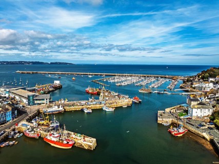Brixham Hourbour and Brixham Marina from a drone, Brixham, Torbay, Devon, England, United Kingdom