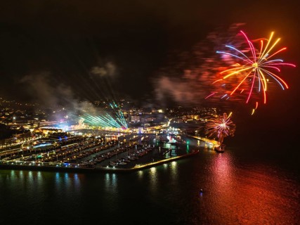 Bay of Lights Illumination Trail Fireworks over Torquay Horbour from a drone, Torbay, Devon,