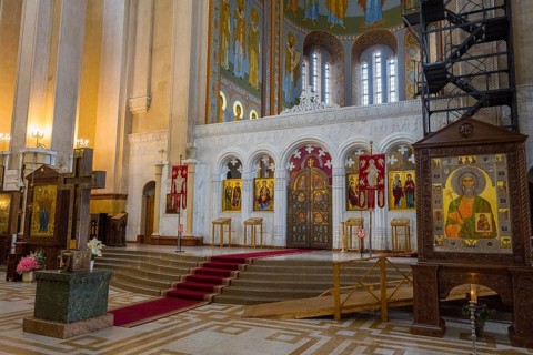 View of the interior of an Orthodox church with altar, rich in icons and architectural art, Sameba