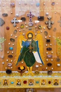 Detailed icon with precious stones and religious symbols, highlighting spirituality, Sameba