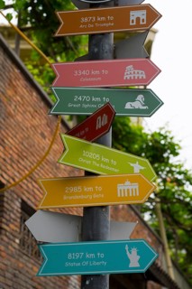 Colourful signpost shows distances to famous sights in the world, Tbilisi, Tbilisi, Georgia