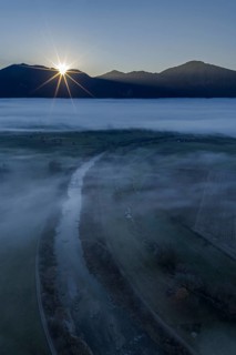 River, sunrise, morning light, fog, mountains, autumn, back light, aerial view, Loisach, behind