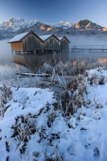 Huts, fishing huts, lake, reflection, snow, cold, fog, mountains, winter, morning light, ice,