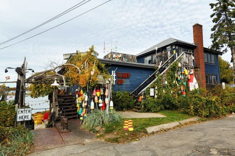 Colorful lobster buoys, decoration at former fishing lodge, seafood restaurant, lobster specialty,