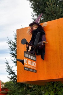 Guest room, booked out, funny decoration for Halloween, witch, façade detail, Ogunquit, Maine, New