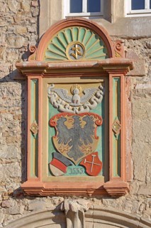 City coat of arms with date 1555, panel with decorations, detail, Spitalhof, market square,