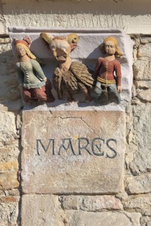 Historical pillory painting with three medieval figures, pillory, grimaces, envy heads, detail,