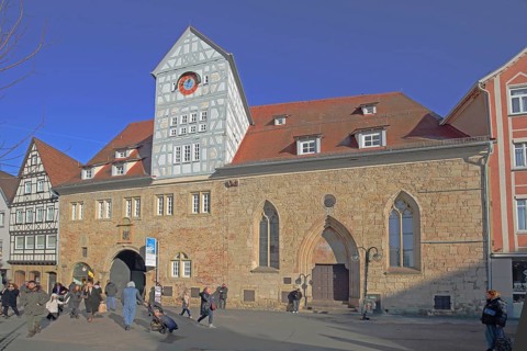 Hospital courtyard built 13th century with hospital church, pedestrian, market square, Reutlingen,