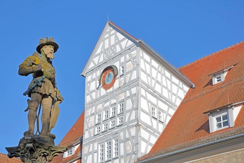Emperor Maximilian II sculpture built in 1570 at Marktbrunnen, Holy Roman Empire, Habsburg, knight
