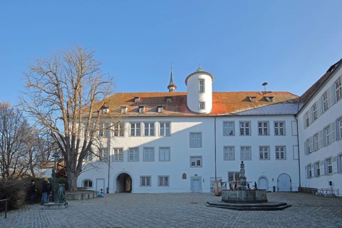 Castle built 14th century courtyard, Brunnen, Waldenbuch, Baden-Württemberg, Germany