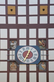 Historic Tübingen Gate built in 1330 with half-timbering, clock and figures, city gate, city tower,