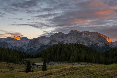 View over the alpine pasture of the Gotzenalm to the Steinernes Meer and Funtenseetauern mountains