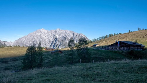 Early morning at Schutzhütte Gotzenalm with Watzmann Ostwand, Berchtesgaden National Park, Bavaria,