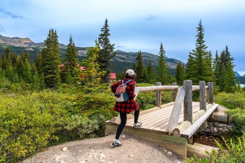 Female tourist walking across a wooden bridge at bow lake, framed by a red roofed building,