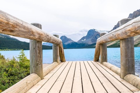 Wooden bridge leading to turquoise waters of bow lake, framed by the majestic canadian rockies in