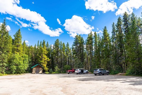 Herbert lake parking lot nestled in lush pine forest under a vibrant blue sky with fluffy clouds,