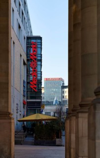 Advertising for Mediamarkt, behind L-Bank, Landesbank, Bolzstraße, Stuttgart, Baden-Württemberg,