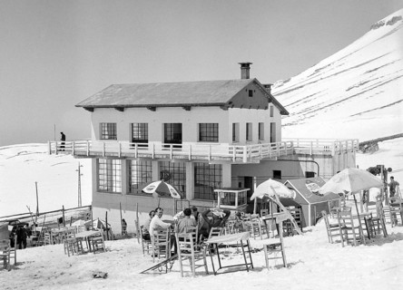 Male skiers at ski lift cafe, Cedars Ski Resort, Bsharri, Lebanon, Middle East c 1956 - the