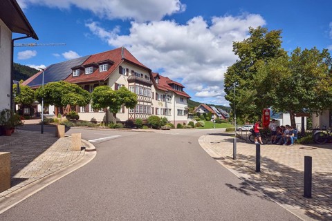 Gasthaus Lime tree, houses, general architecture, lantern, sidewalk, barrier bollard, hilly