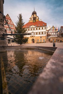 Picturesque backdrop with half-timbered houses and fountains in an old town, Herrenberg, Böblingen