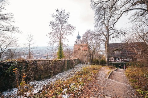 Winter trail with a view of a church tower and landscape, surrounded by bare trees, Herrenberg,
