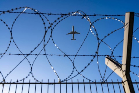 Symbolic picture security at the airport, outer fence at Düsseldorf International Airport, steel