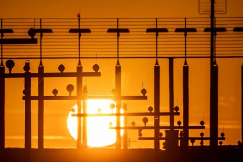 Runway lighting, approach aids, at Düsseldorf International Airport, sunset, Hauptbahn Süd,
