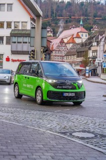 Green car in the city center with half-timbered houses in the background in rainy weather, Deer