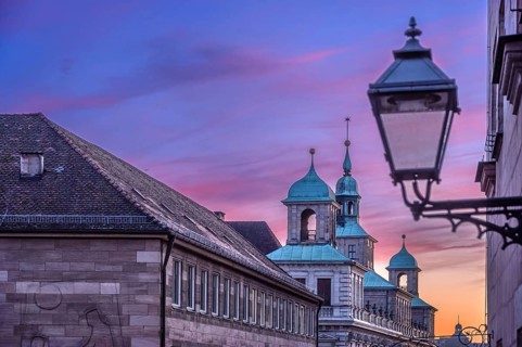 Towers of the historic Wolff Town Hall, built in 1616, evening sky, Nuremberg, Middle Franconia,