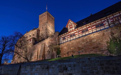 The Nuremberg Kaiserburg in evening lighting, blue evening sky, Mount of Olives, Nuremberg,