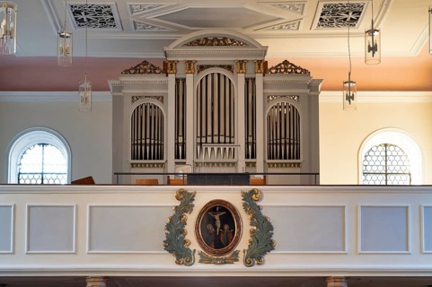 Interior photo, organ gallery, Saint Barbara Catholic Church from 1783, Hofen, Mühlhausen am Neckar