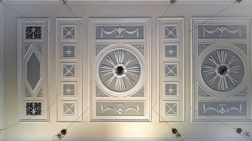 Interior view, ceiling fresco, Saint Barbara Catholic Church from 1783, Hofen, Mühlhausen am Neckar
