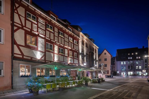 Historic half-timbered houses in Irrerstraße in evening lighting, Nuremberg, Middle Franconia,