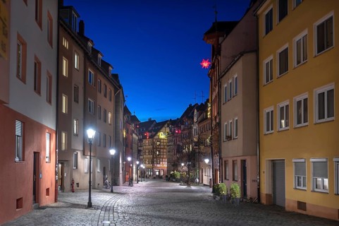 Historic half-timbered houses in Weißgerbergasse in evening lighting, Nuremberg, Middle Franconia,