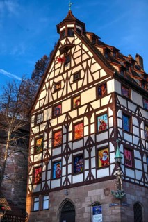 Historic Pilate House with Advent Calendar in the Evening Sun, Beim Tiergärtnertor, Nuremberg,