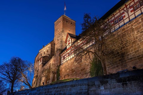The Nuremberg Kaiserburg in evening lighting, blue evening sky, Mount of Olives, Nuremberg,