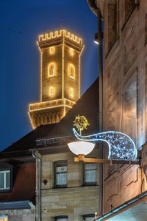 Fürth Town Hall Tower in evening lighting, blue evening sky, Fürth, Middle Franconia, Bavaria,