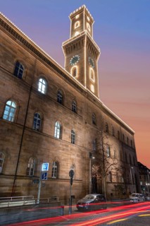 Fürth Town Hall in evening lighting, the tower, is imitated the tower of the Palazzo Vecchio in