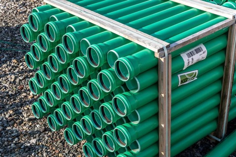 Symbolic picture construction site, sewage pipes for dirty and rainwater, for installation in the