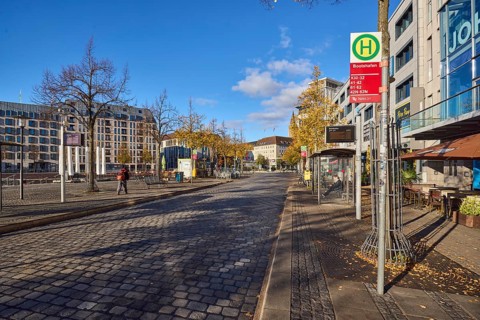 Bootshafen bus stop, public transport NAH.SH, general architecture, modern buildings, cobblestone