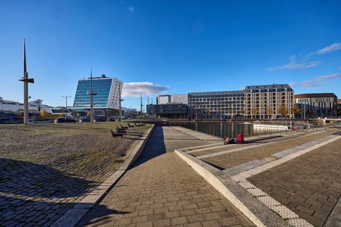 Boat port, water area, general architecture, commercial buildings, modern buildings, Schwedenkai