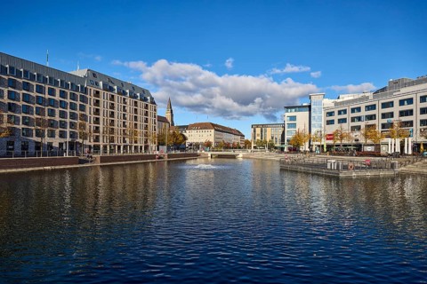 Boat harbor, triangular water area, general architecture, commercial buildings, modern buildings,