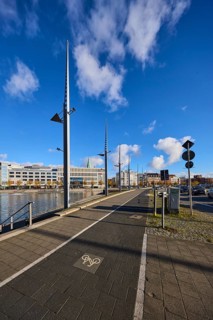 Boat harbor, water area, lantern, general architecture, modern buildings, sidewalk, footpath and